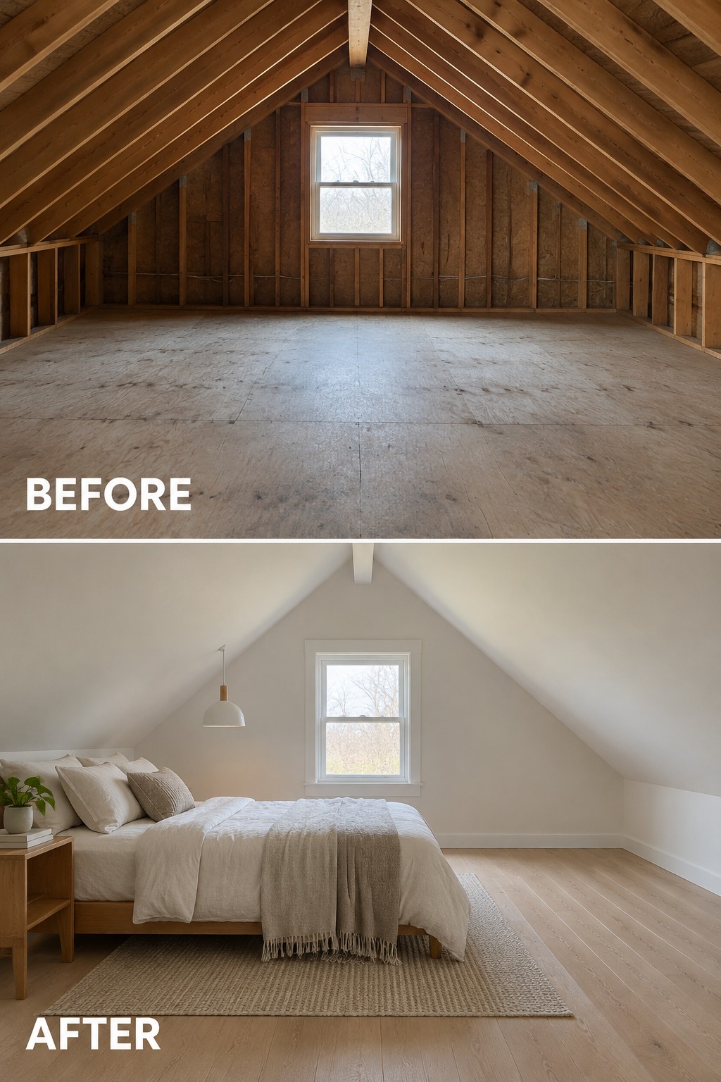 Before-and-after image of an unfinished attic with exposed framing and a plywood floor converted into a bedroom with finished walls, wood flooring, and a bed.