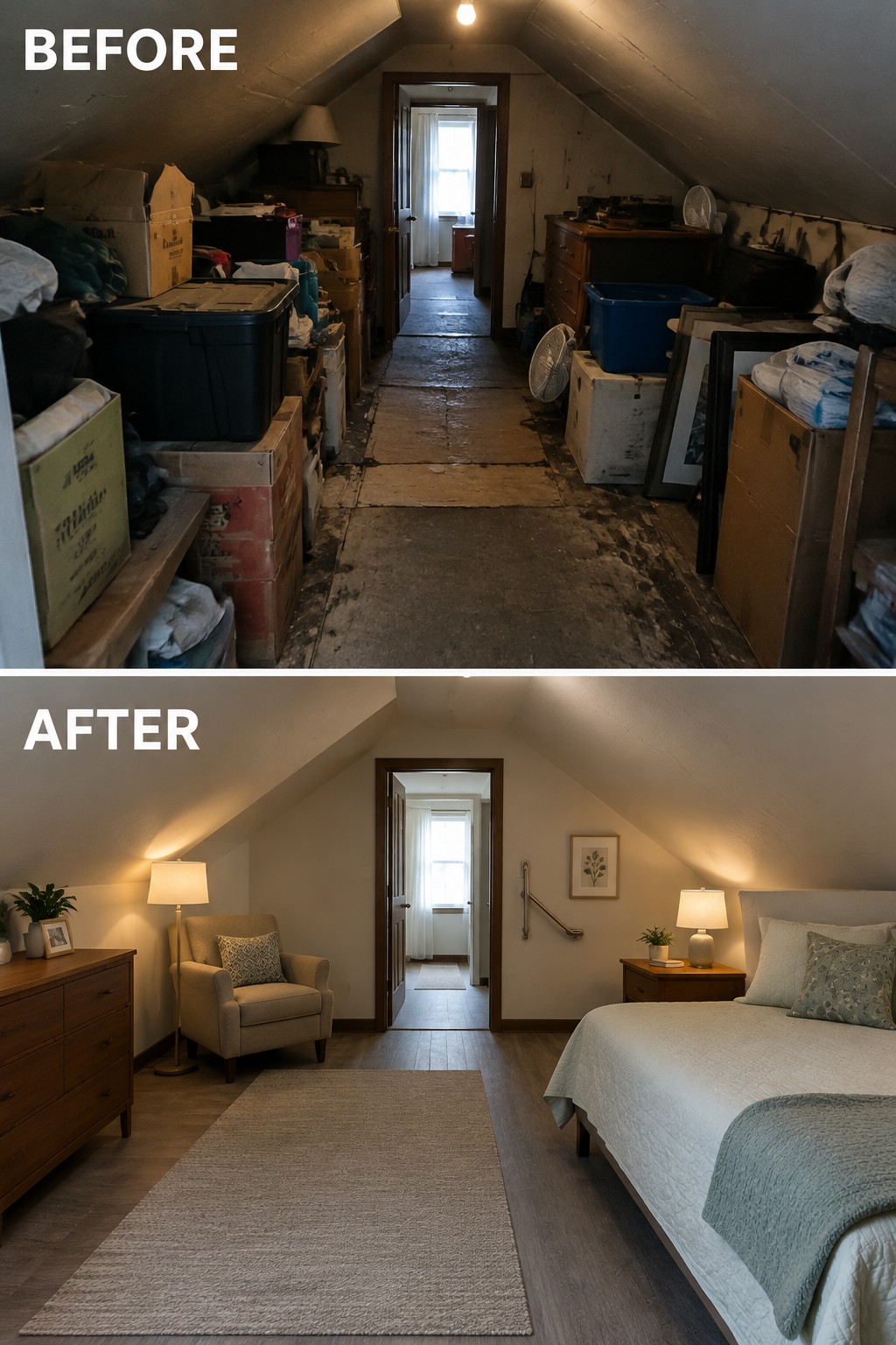 Before-and-after makeover image of a cluttered attic storage space changed into a furnished bedroom with a bed, chair, dresser, and rug.