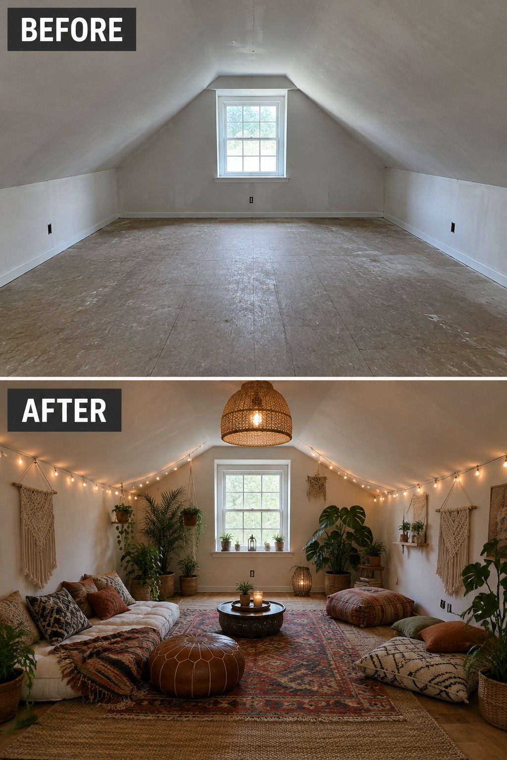 Before-and-after makeover image of an unfinished attic turned into a furnished living room with low seating and a large rug.