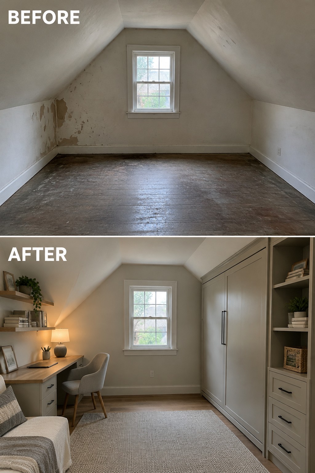 Before-and-after image of a bare attic changed into a home office with a desk, built-in storage, and a small seating area.