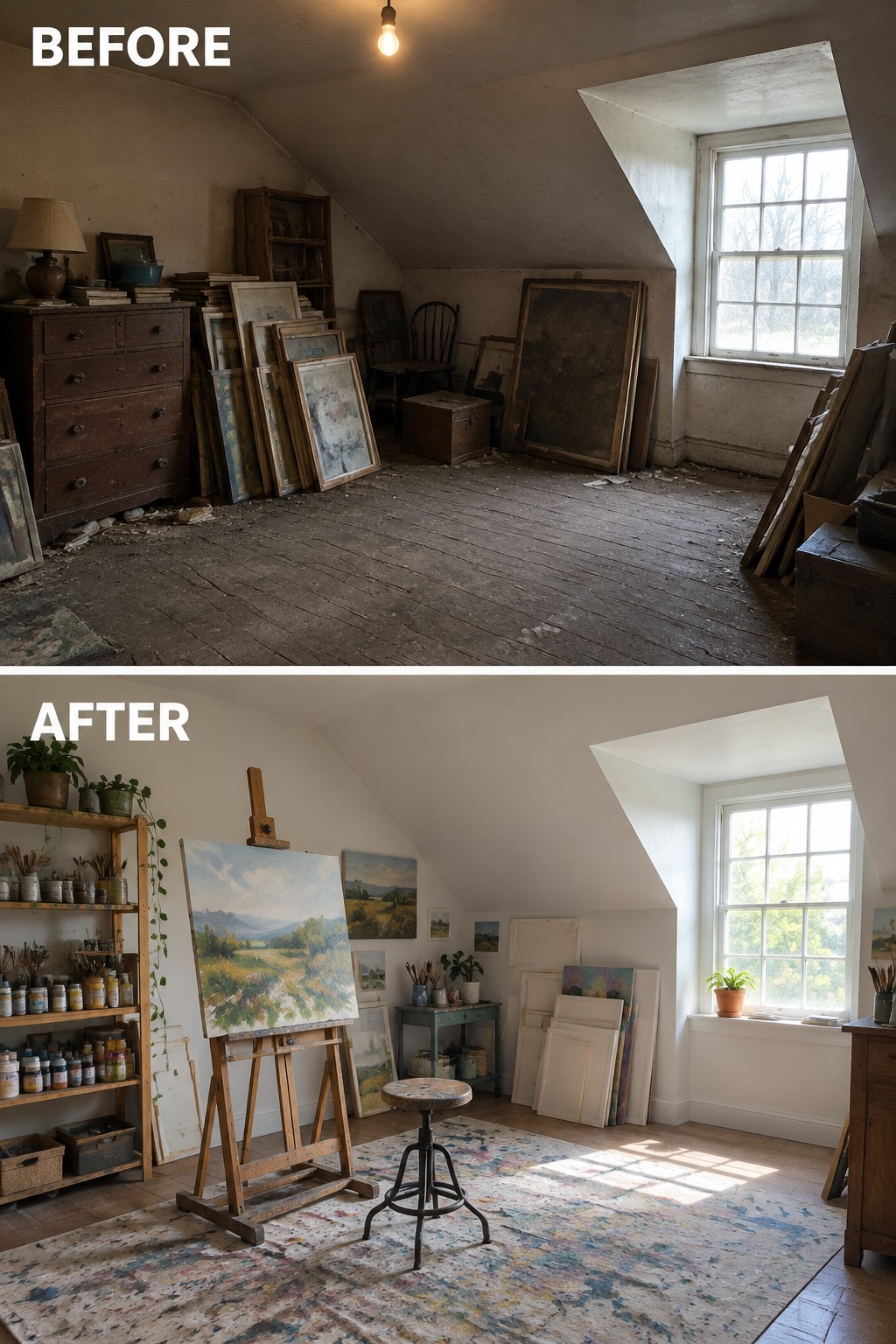 Before-and-after image of a cluttered attic changed into an art studio with an easel, supply shelves, and a work rug.