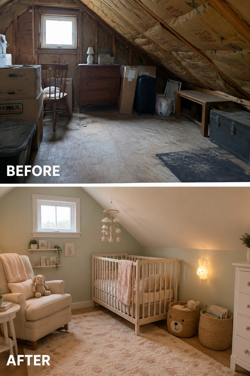 Before-and-after makeover image of a cluttered attic storage space converted into a nursery with a crib, armchair, and rug.