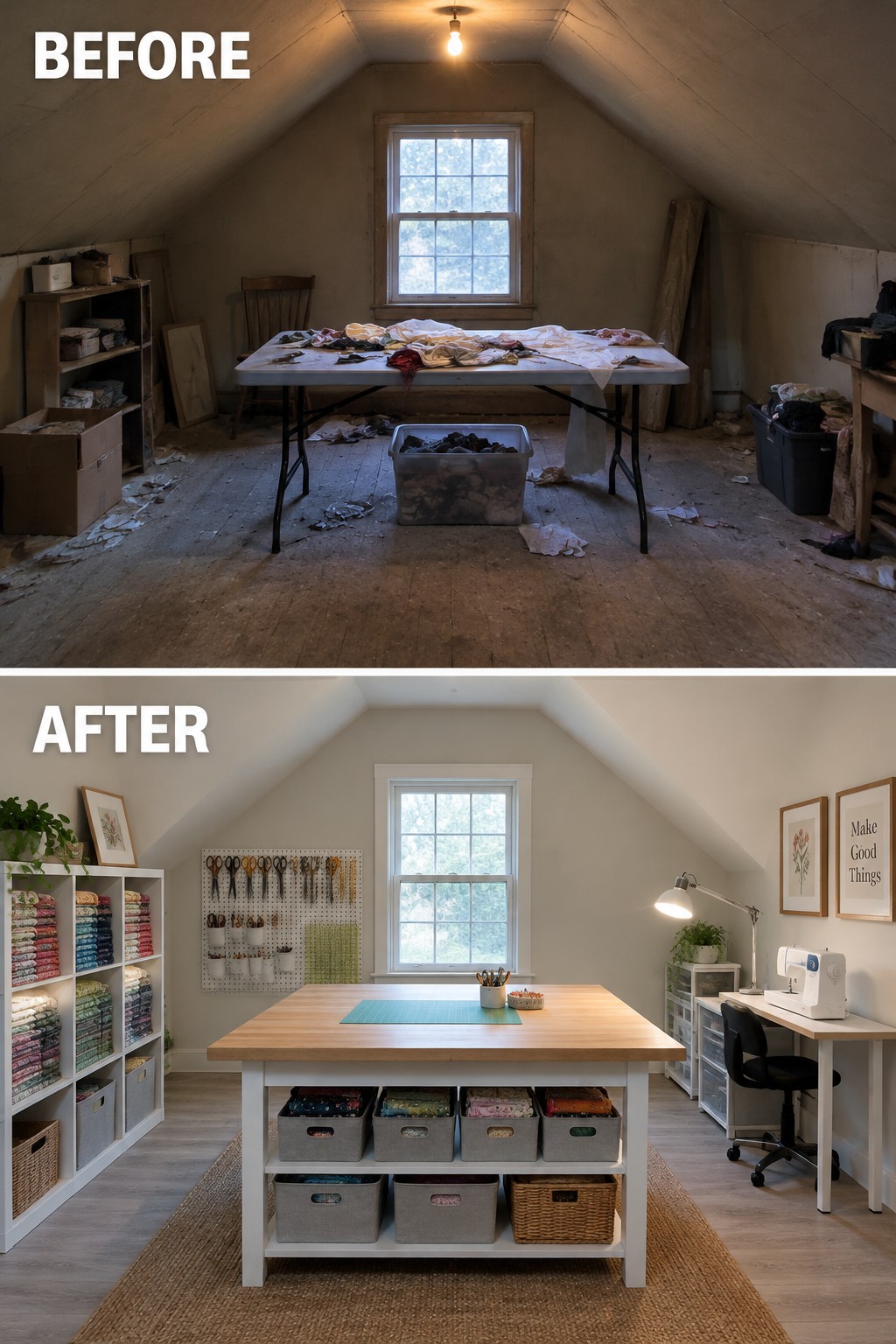 Before-and-after image of a cluttered attic sewing area changed into an organized craft room with fabric shelves, a worktable, and a sewing station.