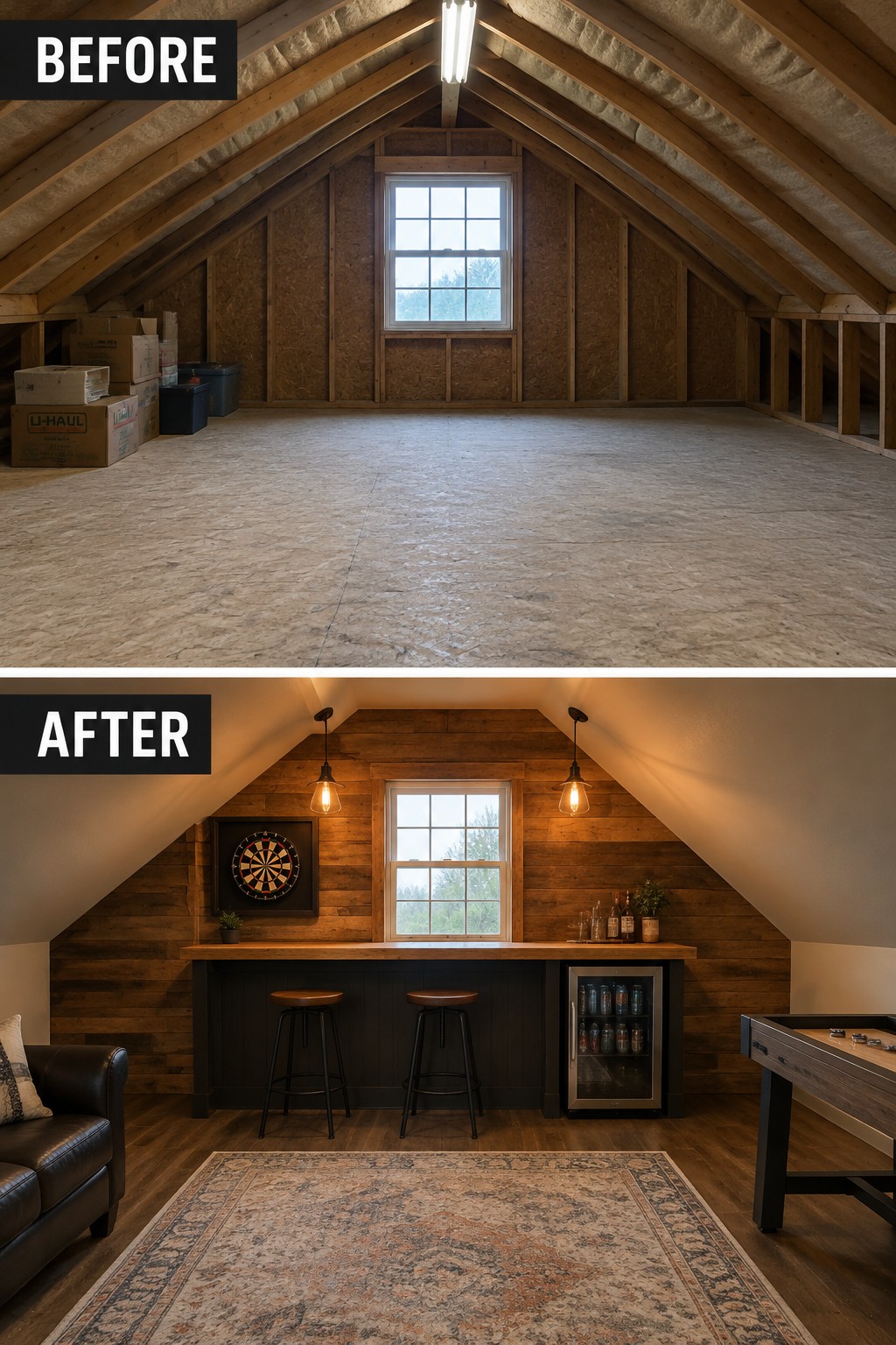 Before-and-after image of an unfinished attic changed into a game room with a bar counter, dartboard, seating, and a pool table.