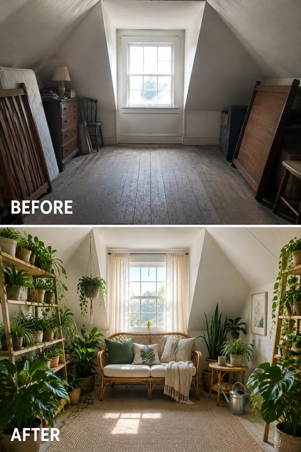 Before-and-after image of a cluttered attic changed into a sitting room with a loveseat, rug, and many potted plants.