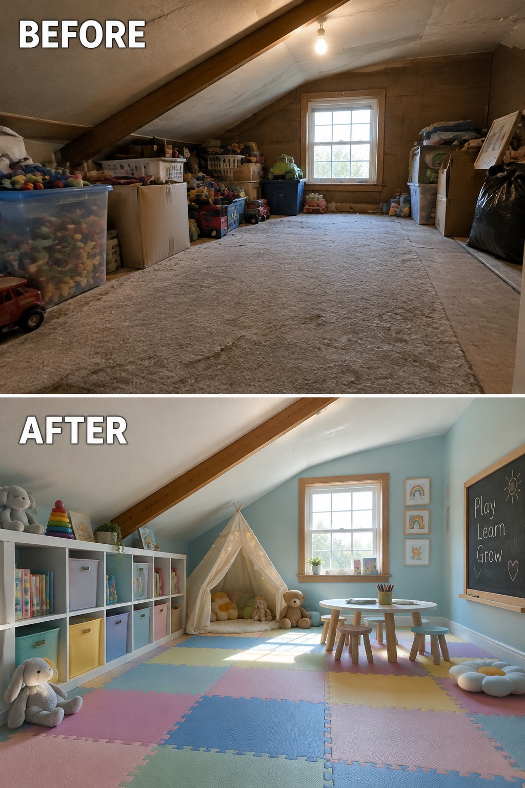 Before-and-after makeover image of a cluttered attic storage space converted into a children’s playroom with colorful floor mats, low cubbies, and a small table.