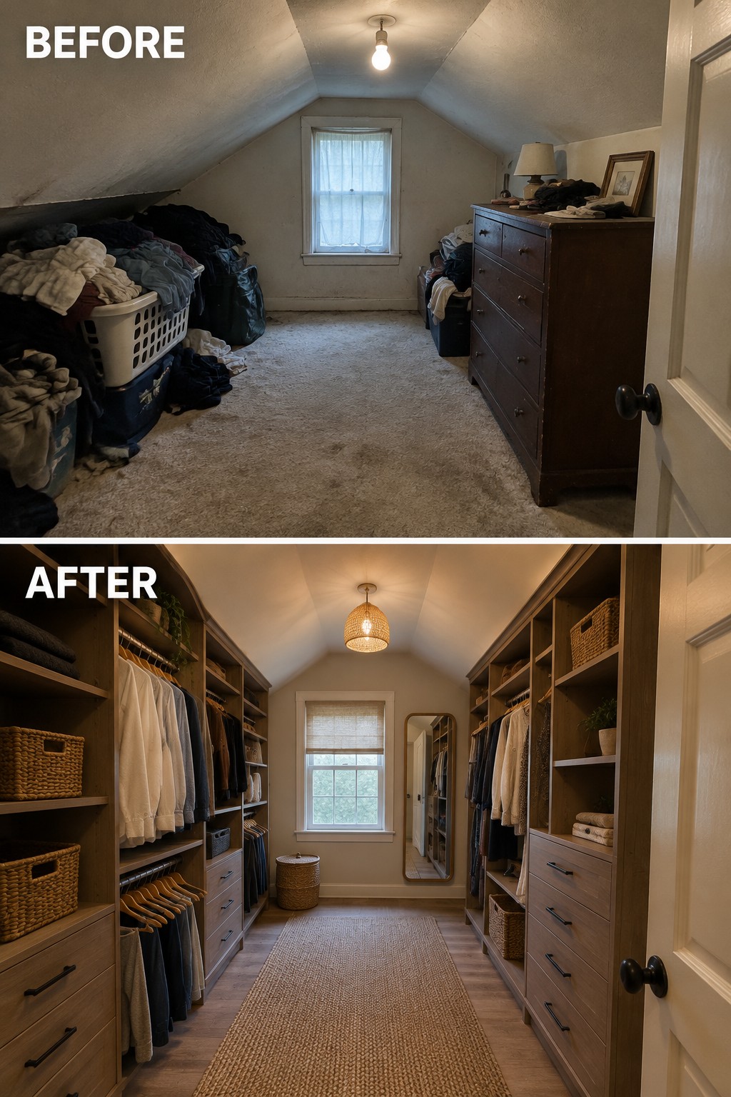 Before-and-after makeover image of a cluttered attic storage room converted into a walk-in closet with built-in shelves, drawers, and hanging clothes.