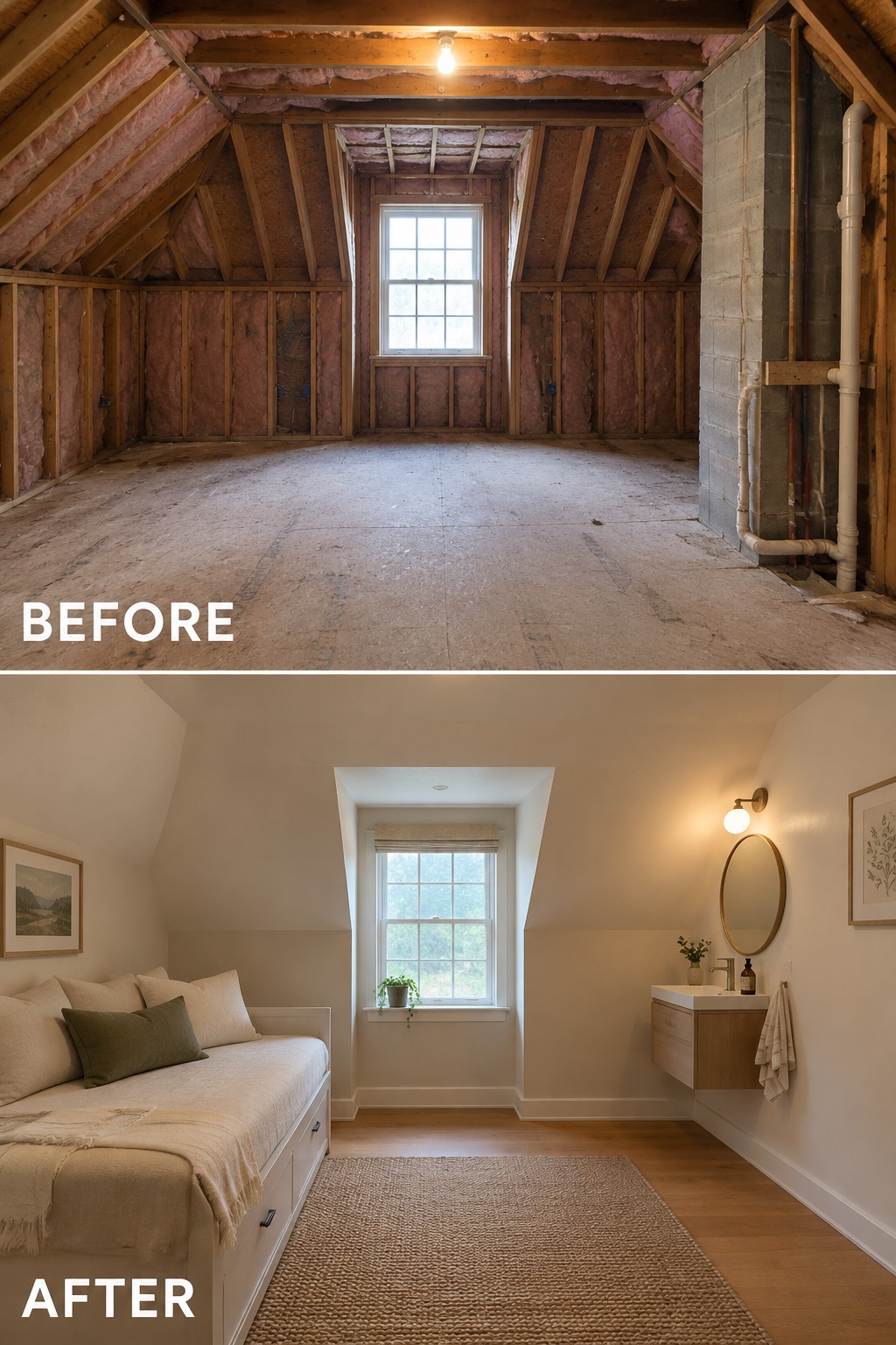 Before-and-after image of an unfinished attic transformed into a finished room with a daybed, wood flooring, and a small wall-mounted sink.