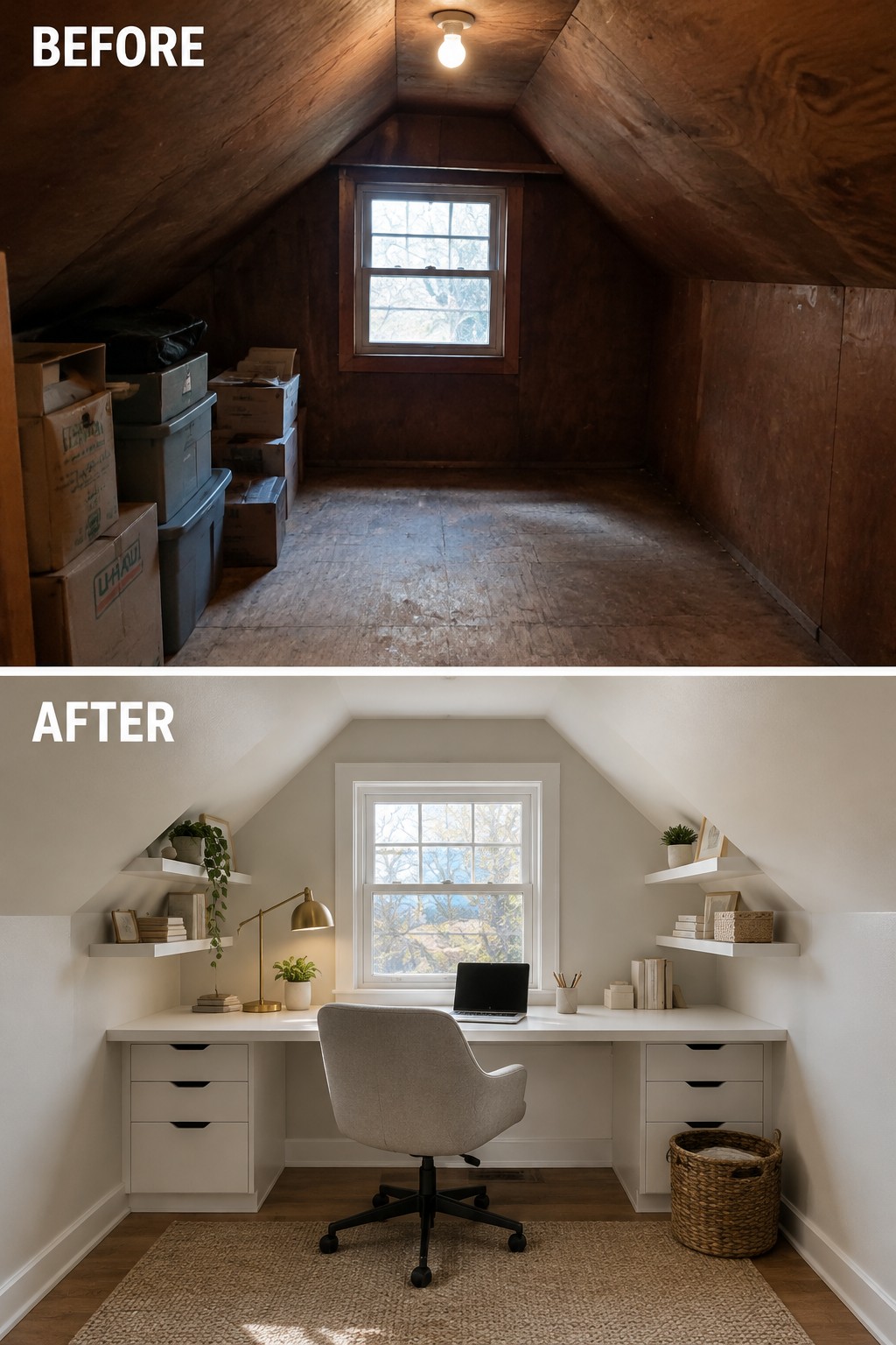 Before-and-after makeover image of a cluttered attic converted into a home office with a built-in desk, shelves, and chair.