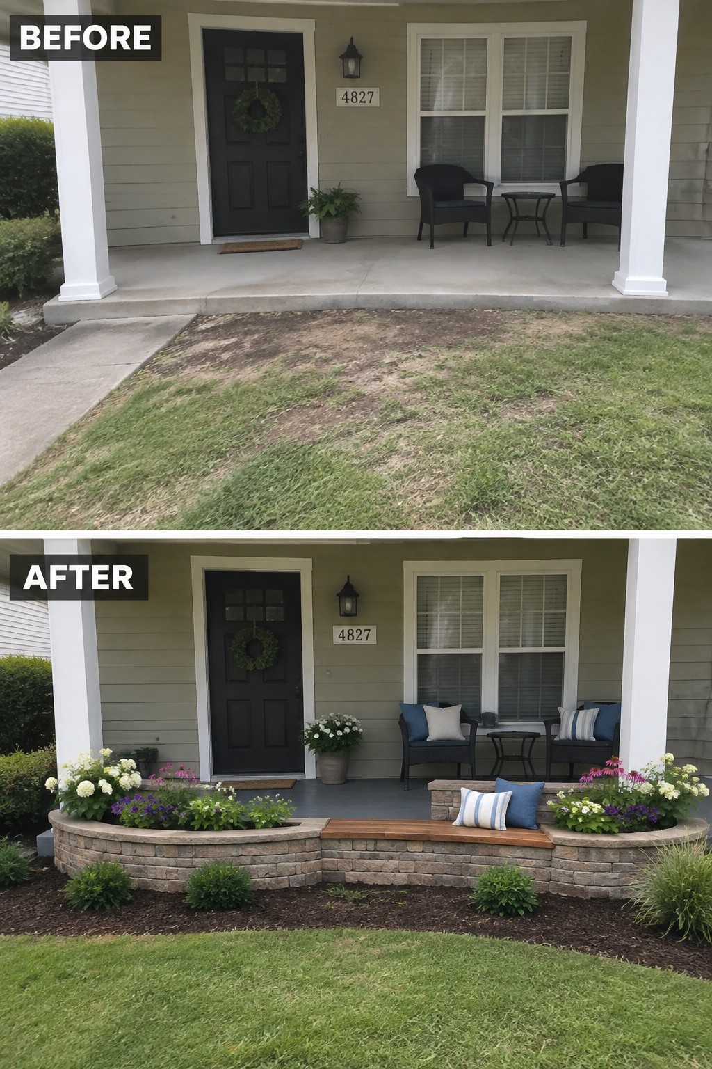 Before-and-after makeover image of a bare concrete front porch updated with a curved stone planter wall, flowers, and a built-in wooden seat.