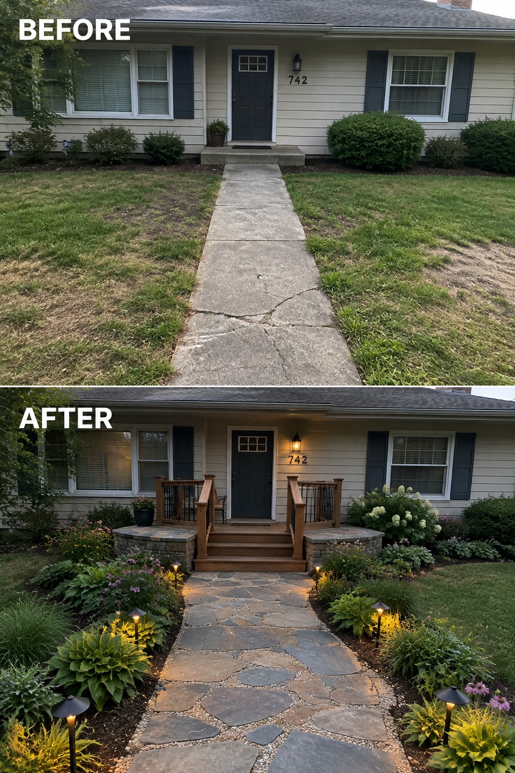 Before-and-after makeover image of a ranch house entry, updated with a raised porch landing, wooden steps, and a stone walkway.