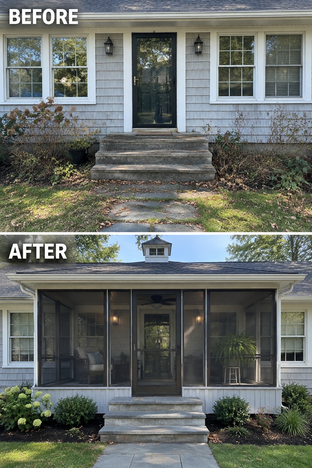 Before-and-after makeover image of a ranch house entry changed from an exposed doorway and steps to a covered screened porch with new steps and planting beds.