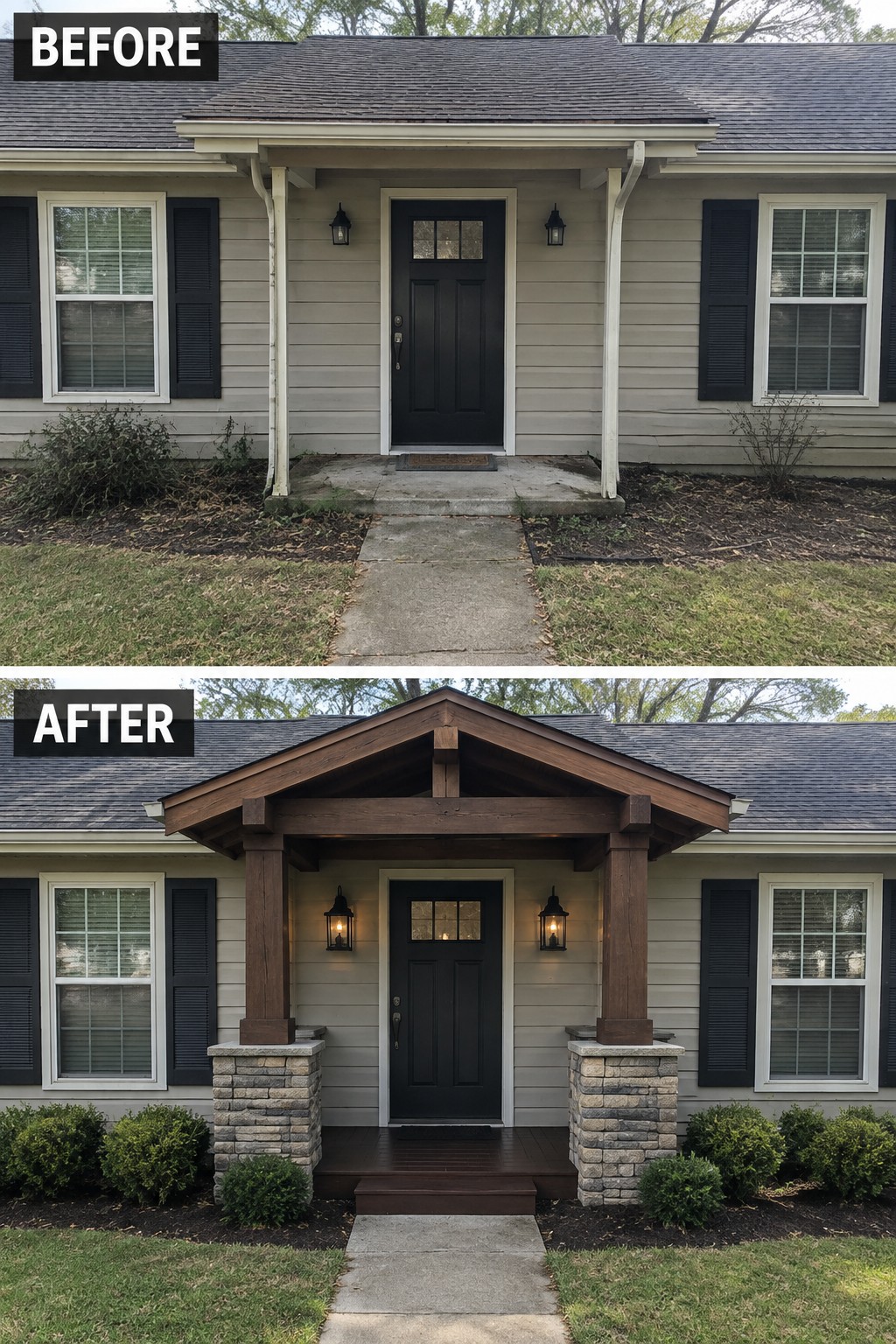 Before-and-after makeover image of a ranch house entry updated with a timber portico, stone post bases, and a raised porch.