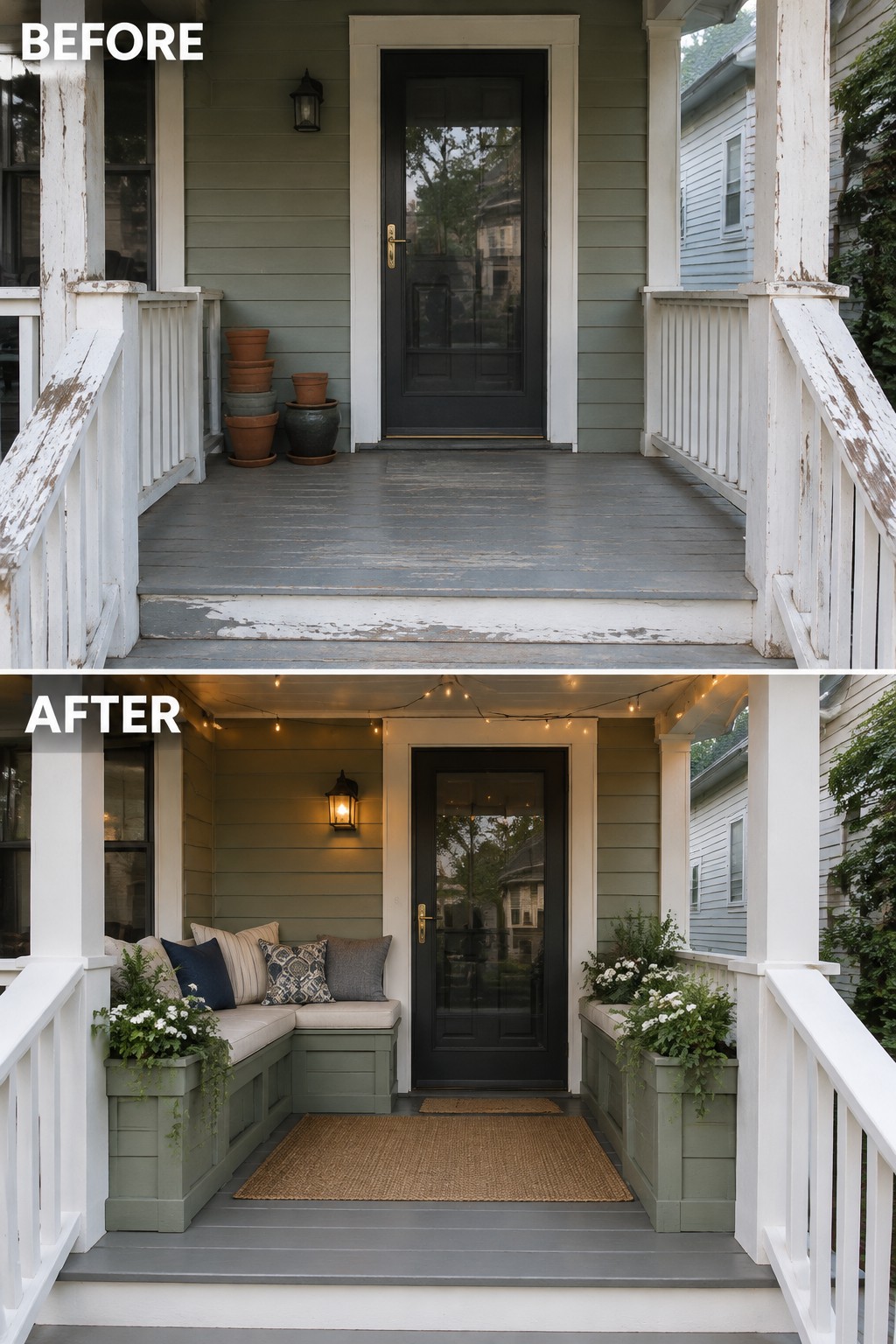 Before-and-after makeover image of a bare front porch updated with built-in benches, cushions, planters, and a woven rug.