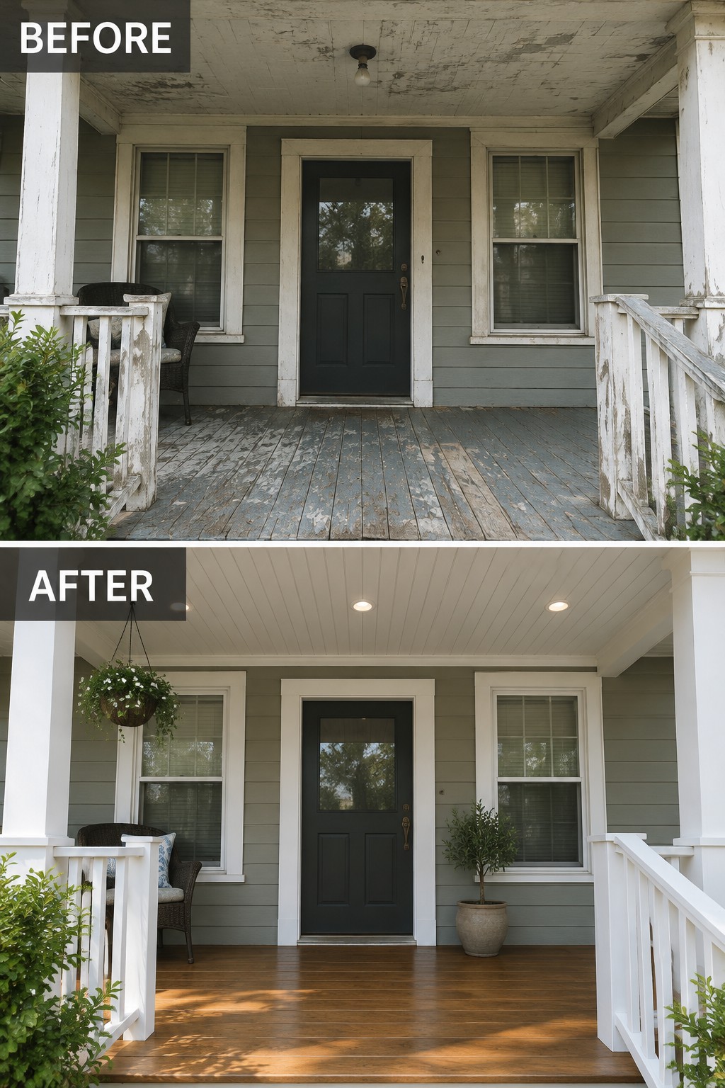 Before-and-after makeover image of a worn covered front porch updated with a clean paneled ceiling and refinished wood floor.