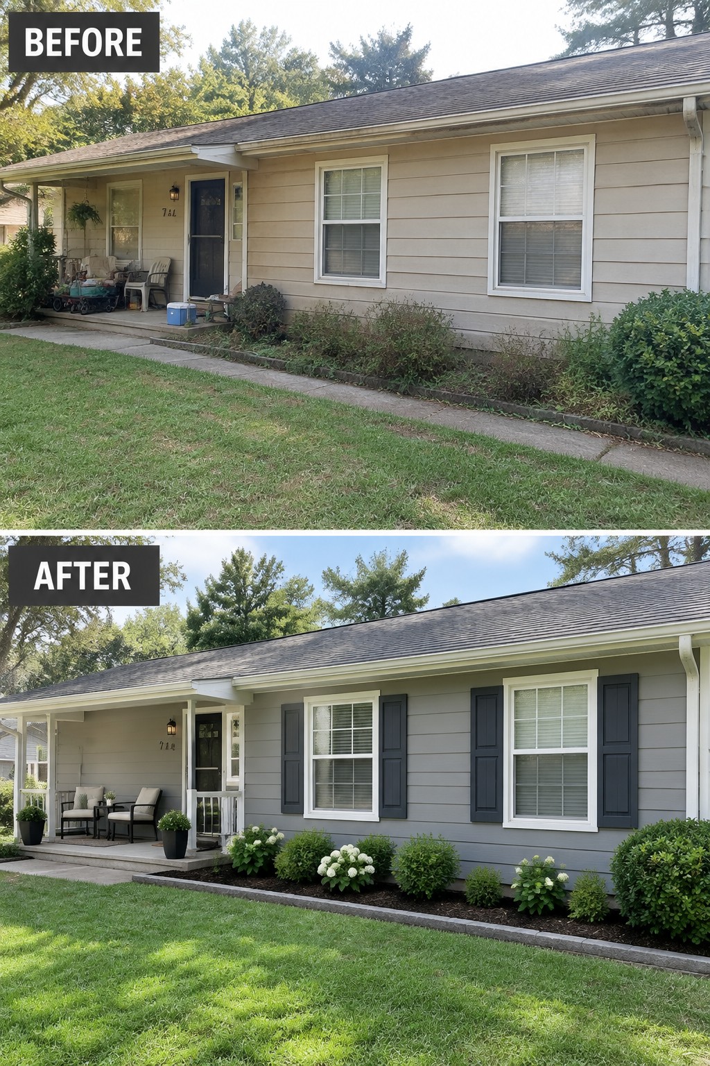 Before-and-after makeover image of a ranch house with faded beige siding updated to gray siding with dark shutters and refreshed foundation plantings.