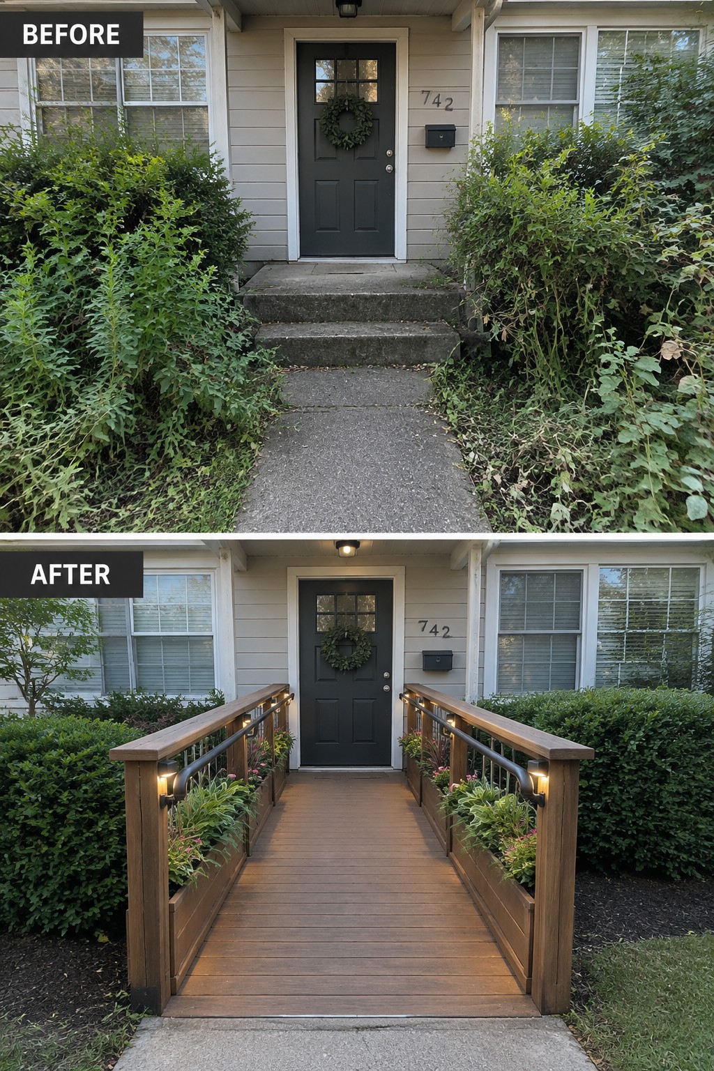 Before-and-after makeover image of a front entry with overgrown plants and concrete steps changed to a raised wooden walkway with handrails and planter boxes.