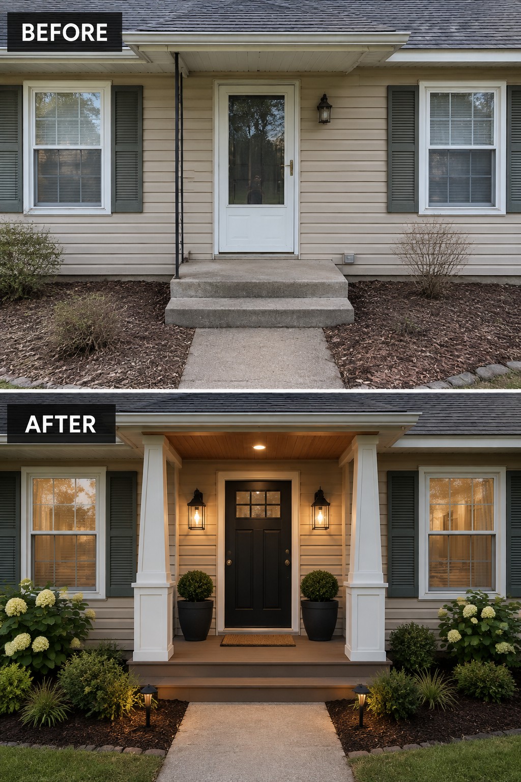 Before-and-after makeover image of a ranch house entry changed from a concrete stoop to a covered wood porch with white columns and a dark front door.