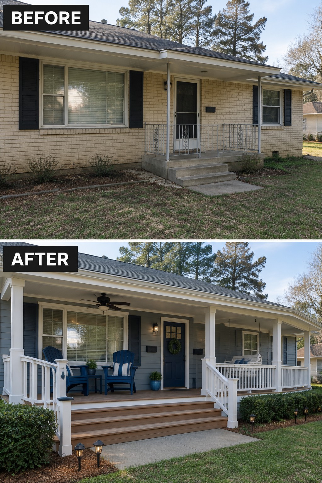 Before-and-after makeover image of a ranch house with a small concrete entry changed to a wide covered porch with wood steps, white railings, and seating.