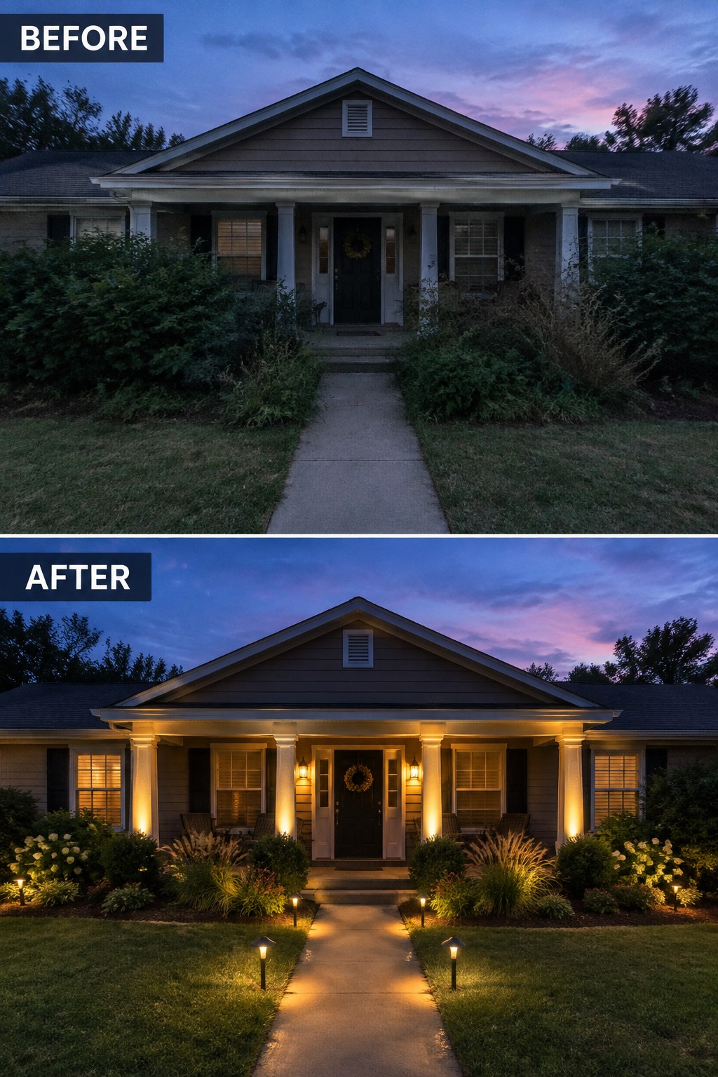 Before-and-after makeover image of a ranch house front entry, updated with porch lights and path lights.