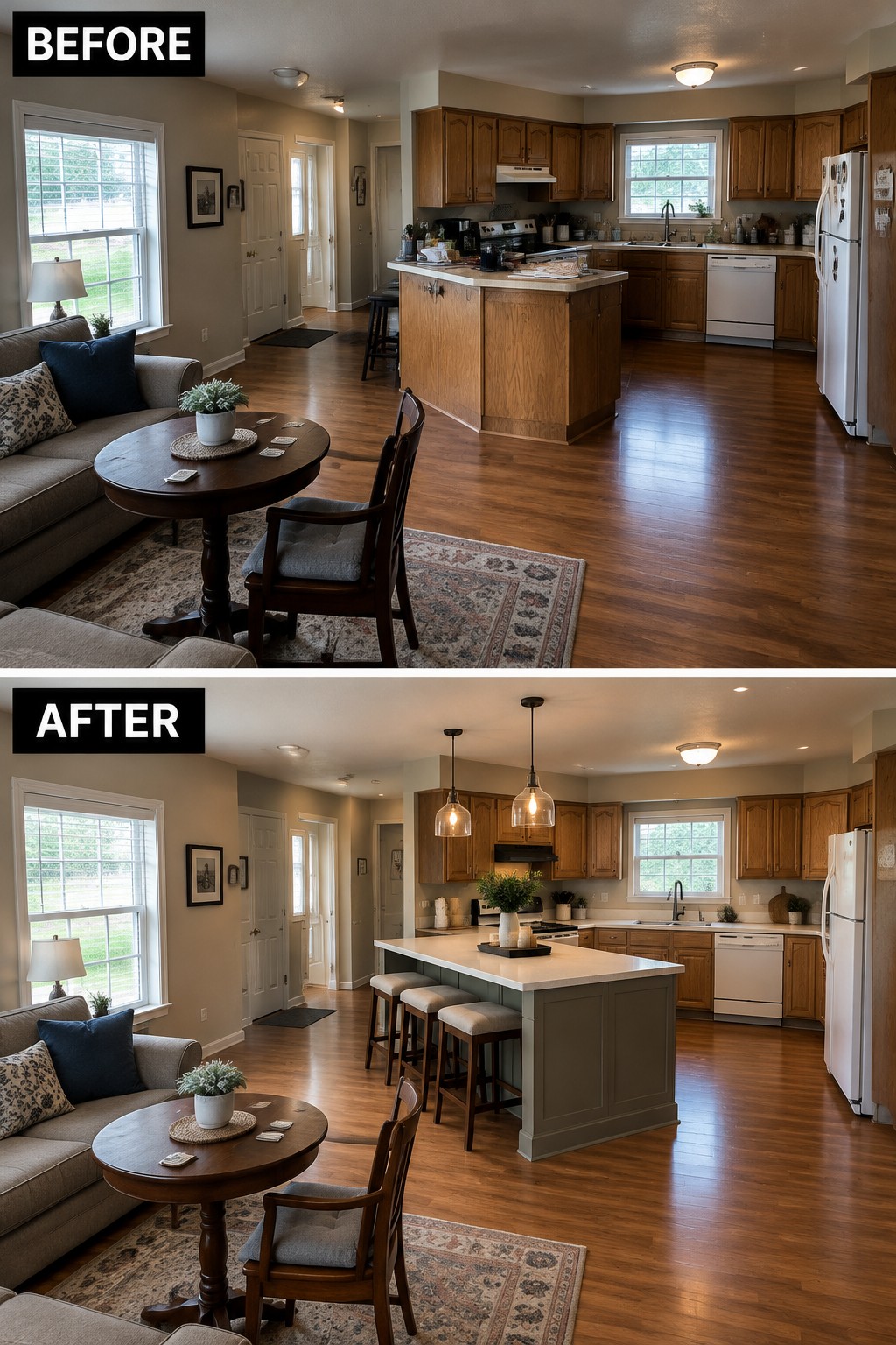 Before-and-after makeover image of an open kitchen and living area, with a small wood island replaced by a larger island with seating and pendant lights.