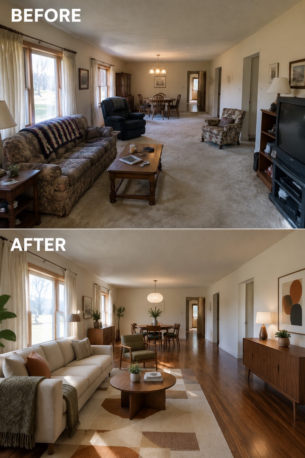 Before-and-after image of a long living room updated with wood flooring, a defined seating area, and a more open layout.