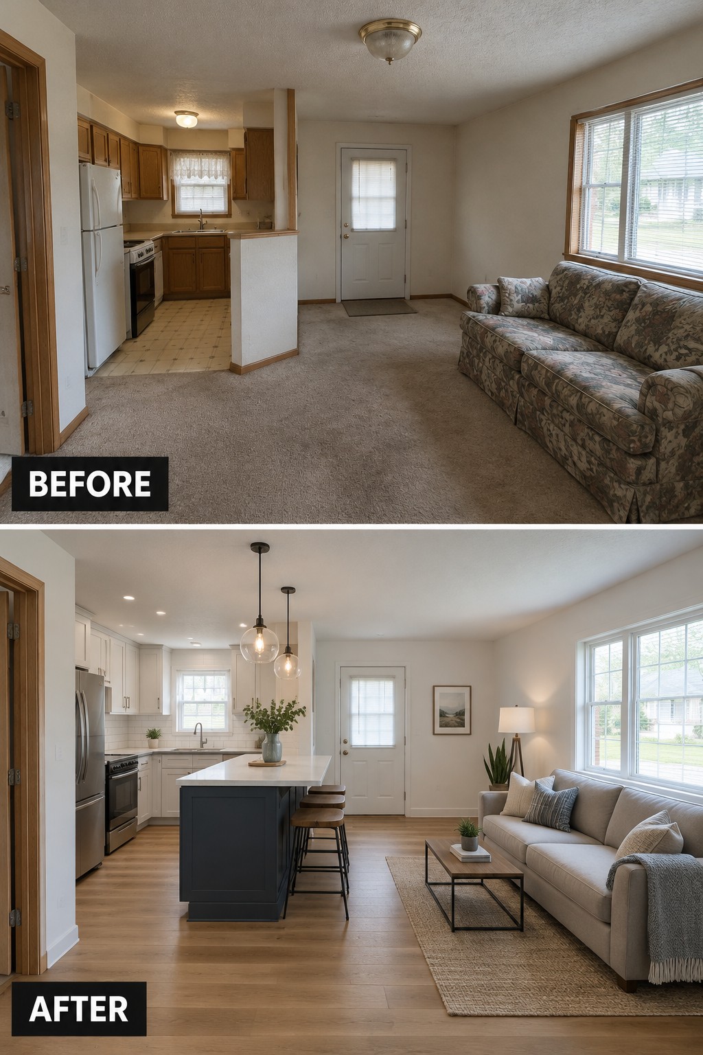 Before-and-after image of a closed-off kitchen and living area changed into an open layout with a kitchen island and updated flooring.