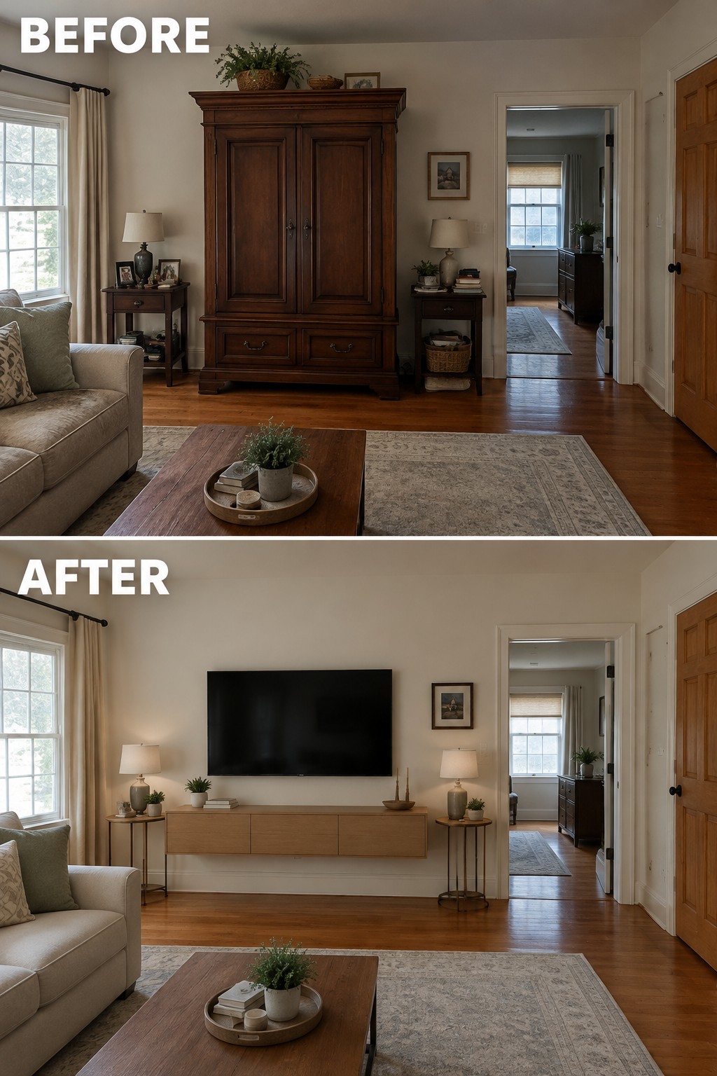 Before-and-after makeover image of a living room where a large wooden armoire is replaced by a wall-mounted TV and floating cabinet.