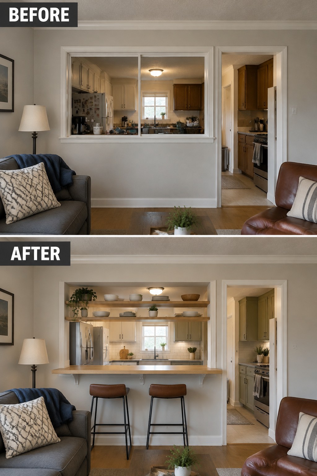Before-and-after makeover image showing a kitchen pass-through changed into an open counter with two stools.