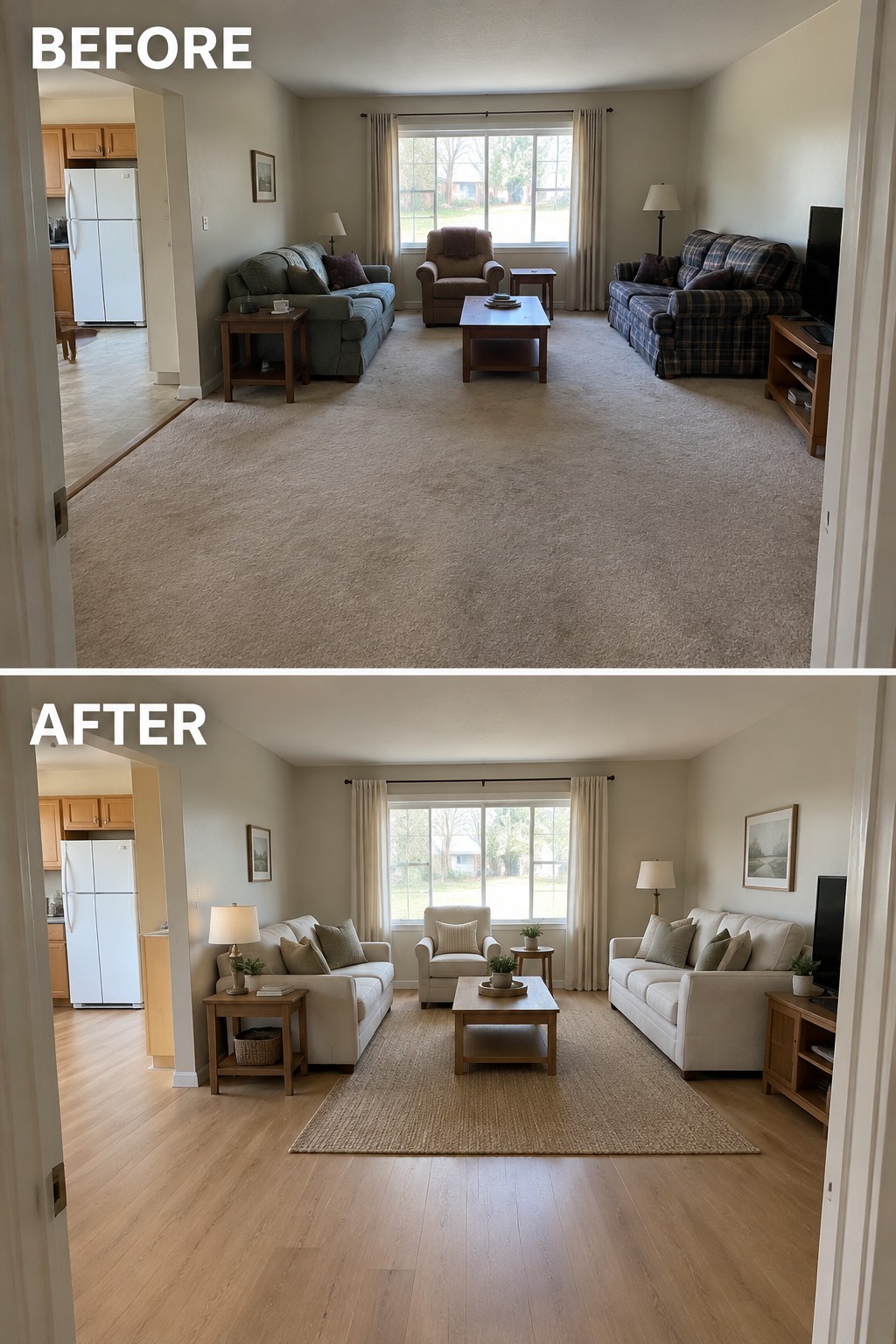 Before-and-after makeover image of a living room changed from wall-to-wall carpet and darker furniture to wood flooring, a defined rug, and lighter seating.