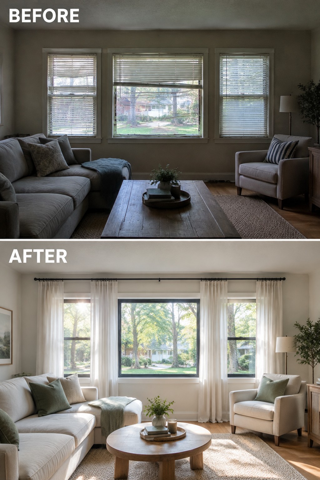 Before-and-after makeover image of a living room with blinds replaced by long curtains and a brighter, simpler look.