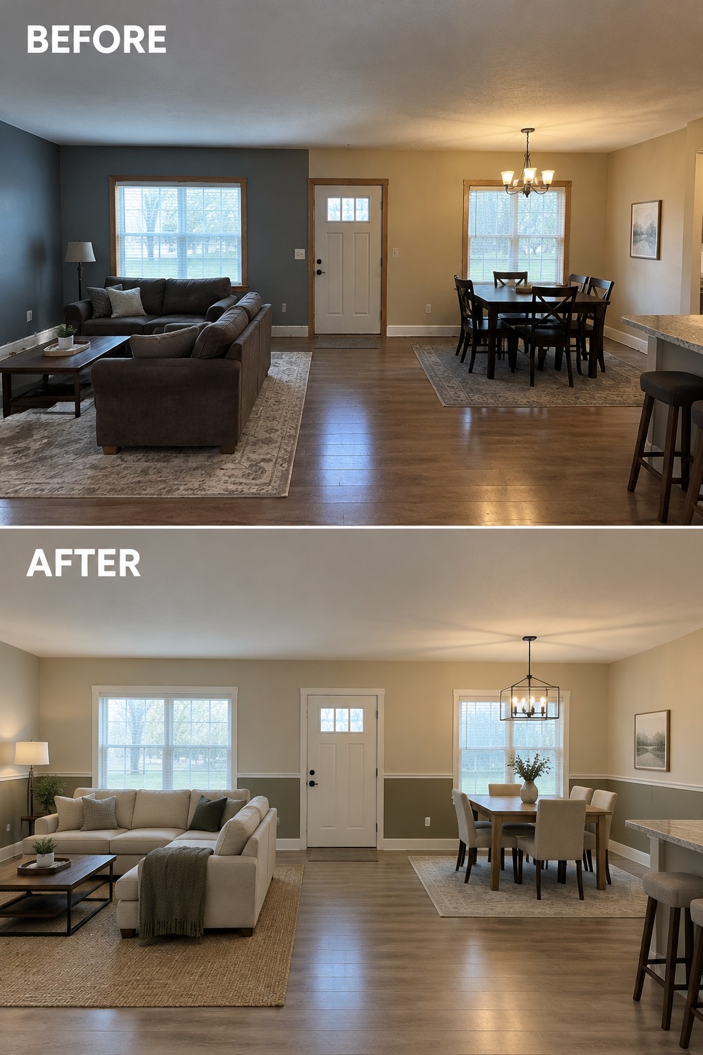 Before-and-after makeover image of an open living and dining area, with a dark living-room wall changed to light two-tone paint and chair-rail trim.
