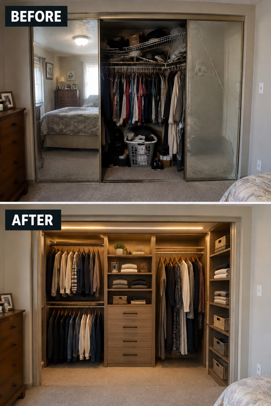 Before-and-after makeover image of a cluttered reach-in closet changed to built-in wooden storage with hanging sections, shelves, and drawers.