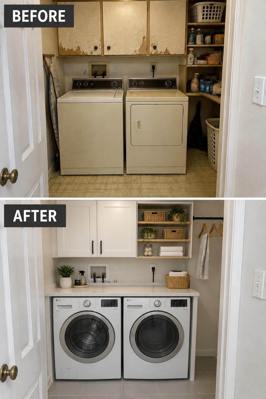 Before-and-after image of a laundry room updated with white cabinets, open shelves, a counter, and front-loading washer and dryer.