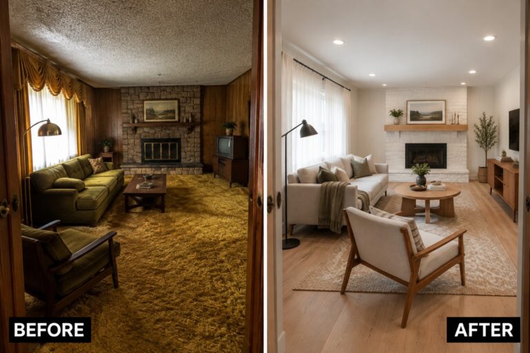 Before-and-after makeover image of a dated living room updated with light walls, a white brick fireplace, wood flooring, and neutral seating.