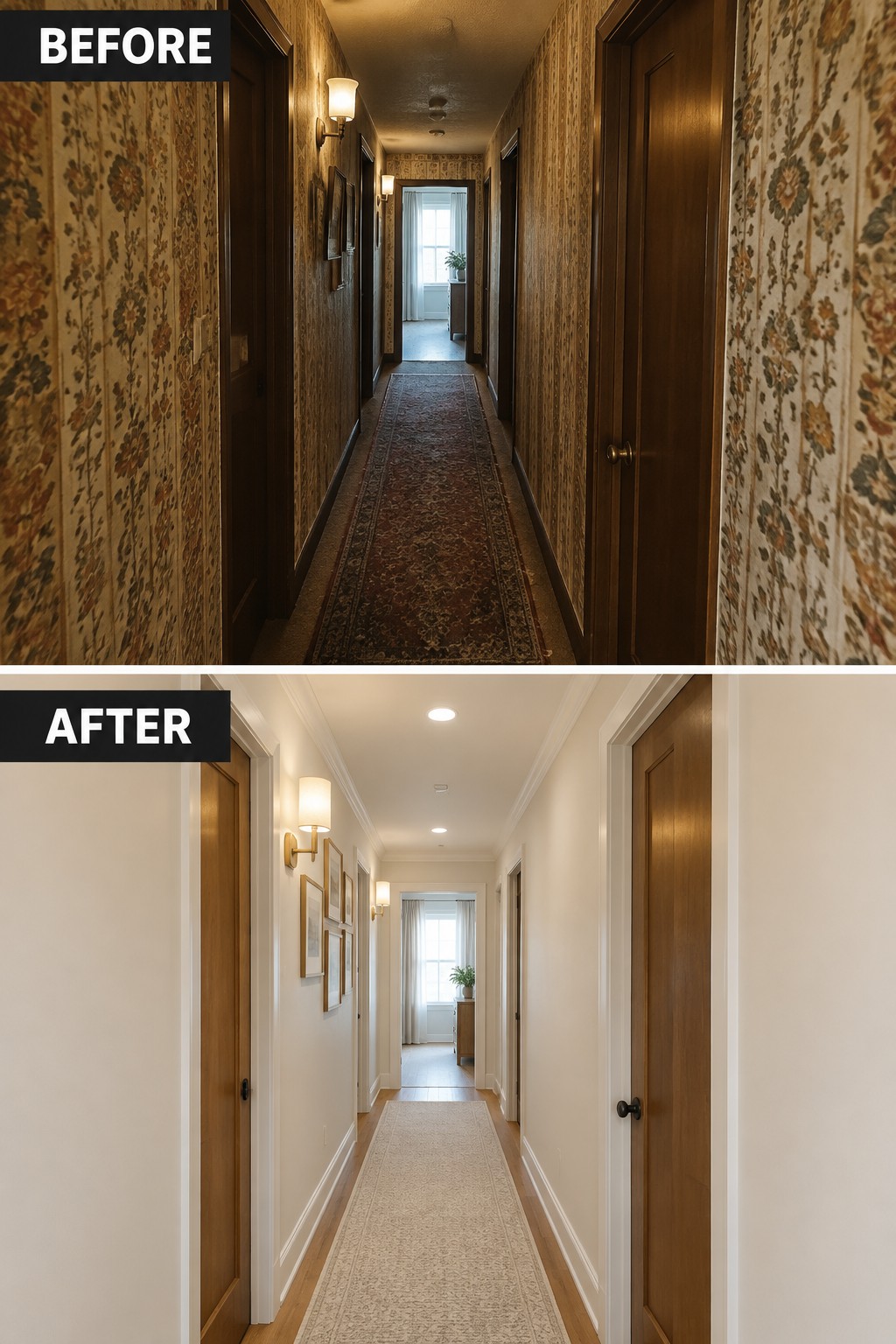 Before-and-after makeover image of a dark hallway with patterned wallpaper changed to a bright hallway with light walls and a pale runner.