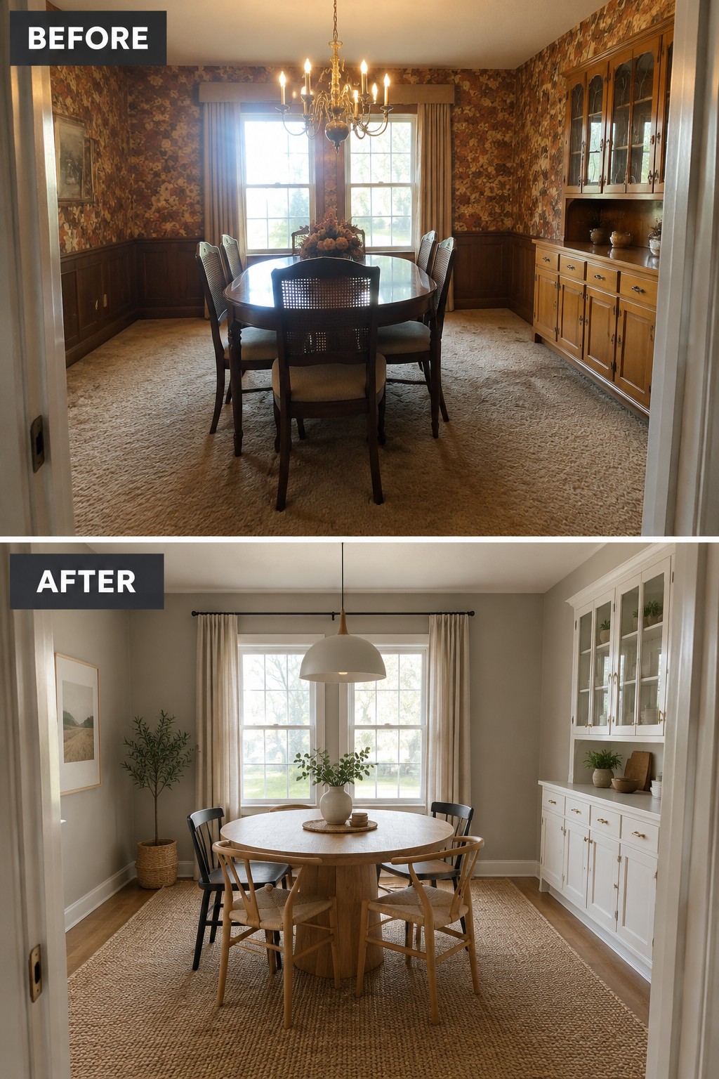 Before-and-after makeover image of a dining room updated with neutral walls, a natural-fiber rug, a wood dining table, and a white built-in cabinet.