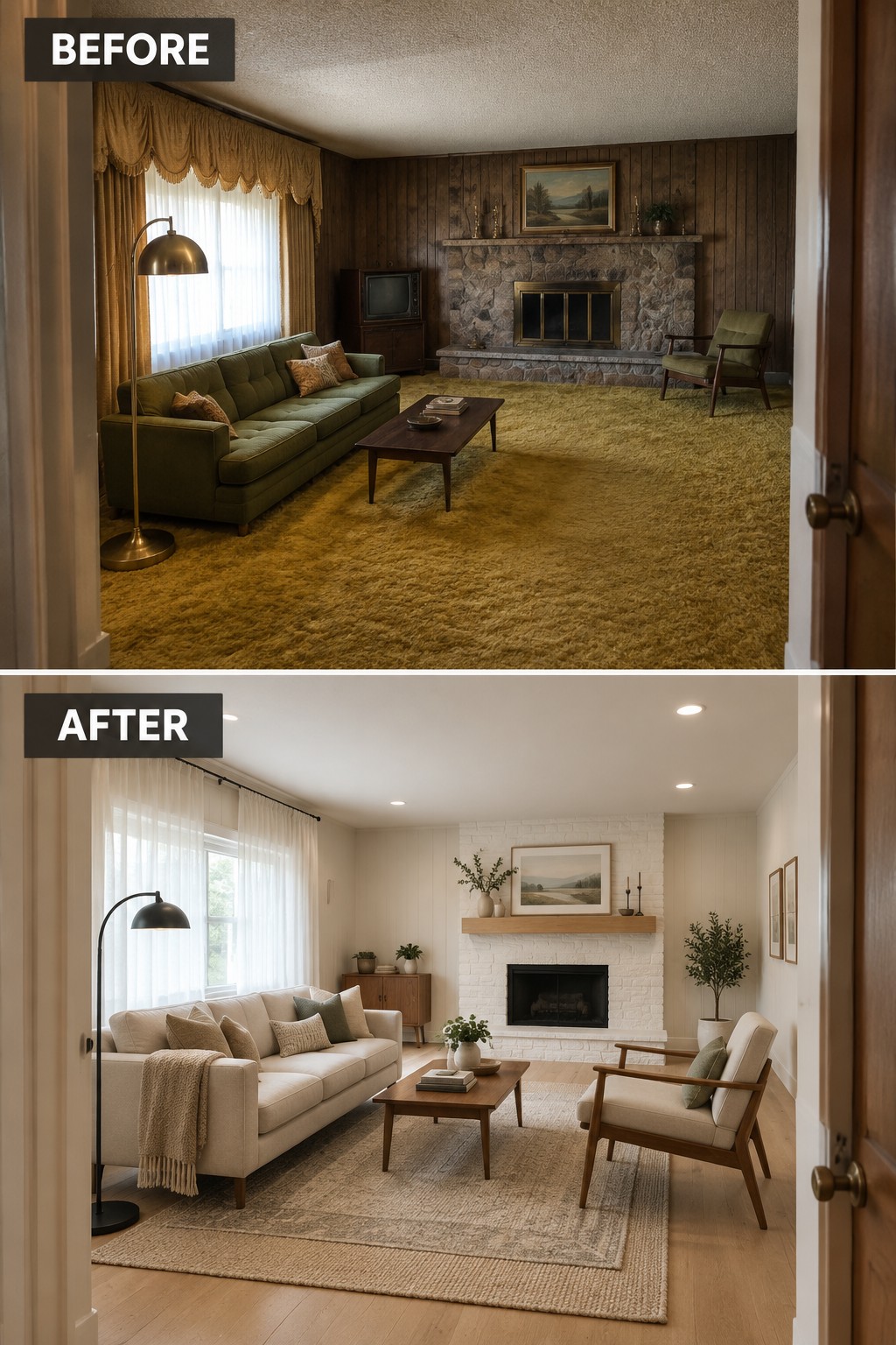 Before-and-after makeover image of a dated living room updated with light walls, a white brick fireplace, wood flooring, and neutral seating.