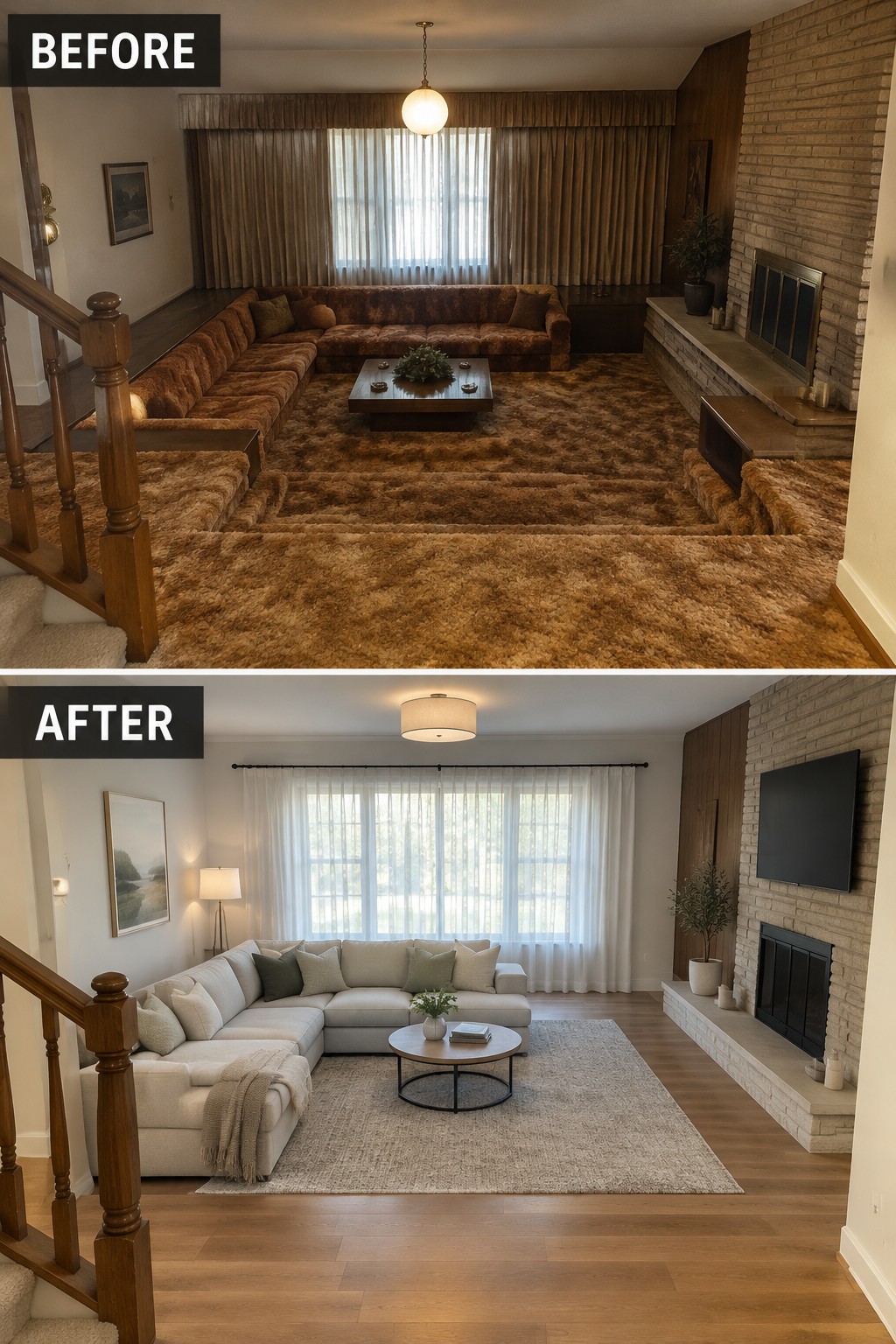 Before-and-after makeover image of a sunken living room with dark carpeting changed to a brighter space with wood flooring, a light rug, and a pale sectional sofa.