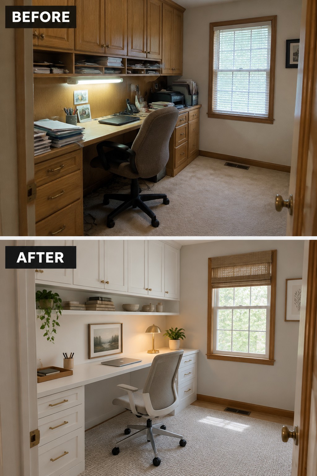 Before-and-after makeover image of a home office changed from a cluttered wood workspace to a brighter office with white cabinets and a clear desk.