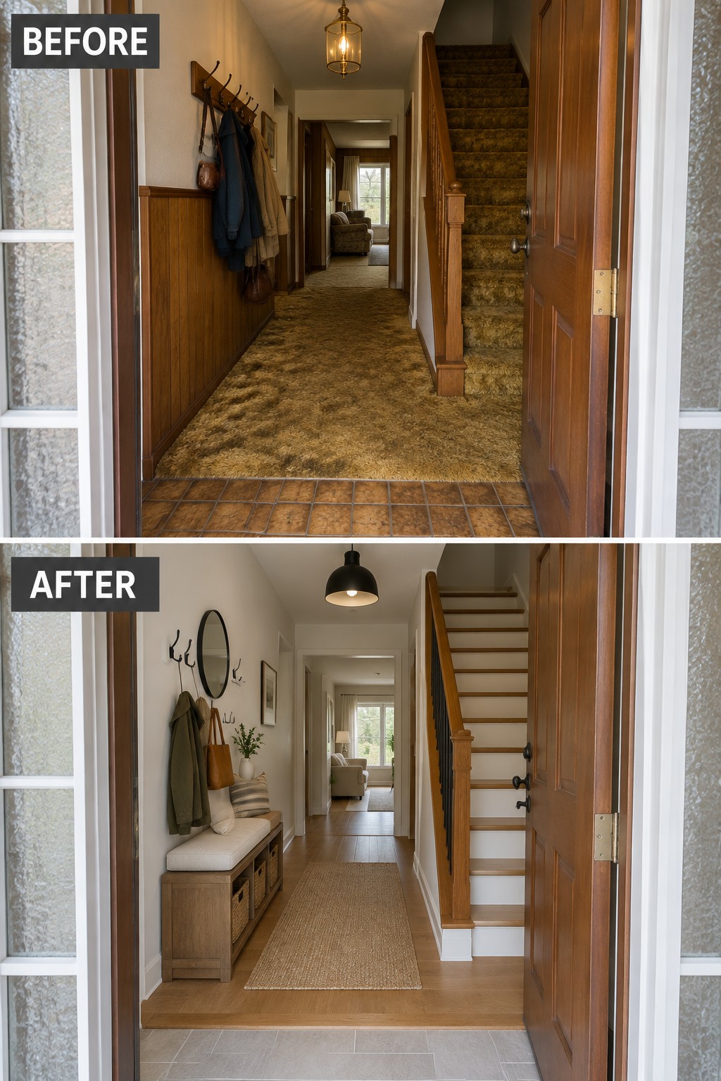 Before-and-after makeover image of a narrow hallway updated with wood flooring, a storage bench, and a runner, with the carpeted staircase changed to open wood treads.