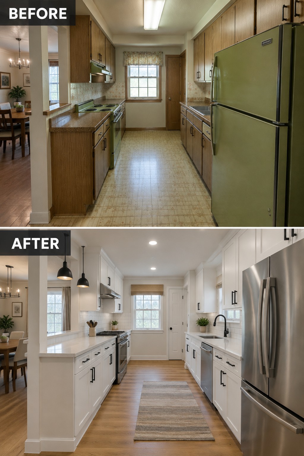 Before-and-after makeover image of a dated galley kitchen updated with white cabinets, light countertops, wood flooring, and stainless steel appliances.