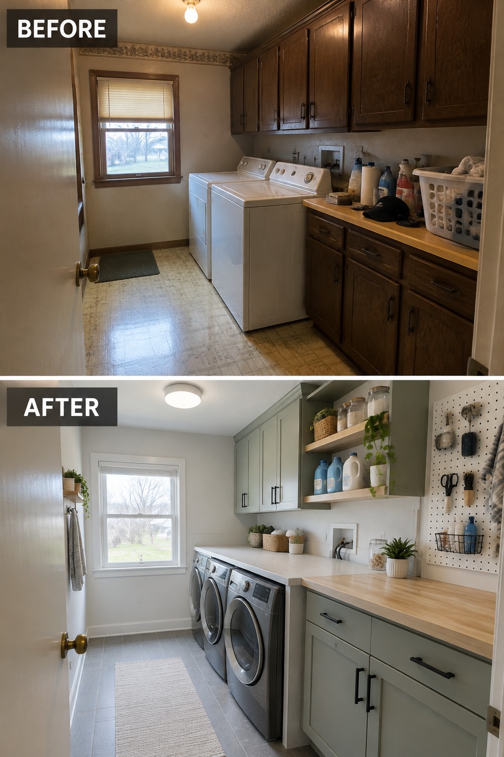 Before-and-after makeover image of a laundry room updated with light cabinets, a long countertop, and front-loading washer and dryer.