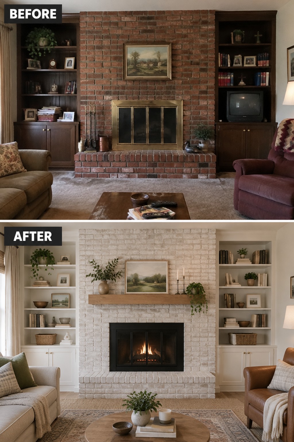 Before-and-after makeover image of a living room with a dark brick fireplace updated with light-painted brick, a wooden mantel, and a black fireplace insert.