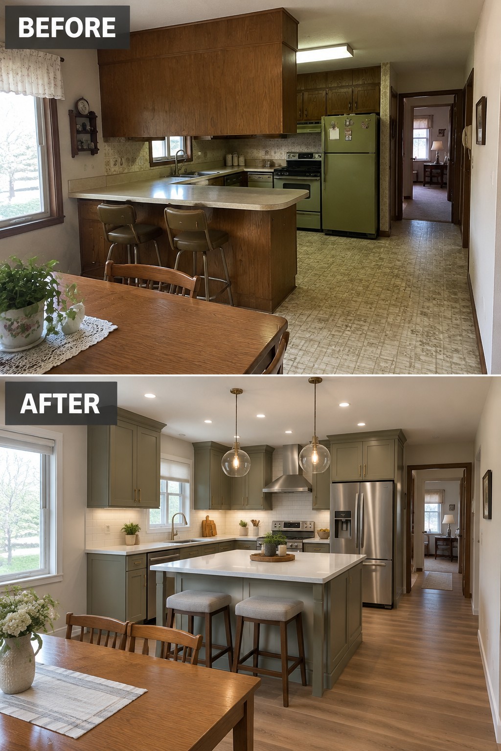 Before-and-after makeover image of a dated kitchen with a bulky peninsula changed to a brighter kitchen with a central island.