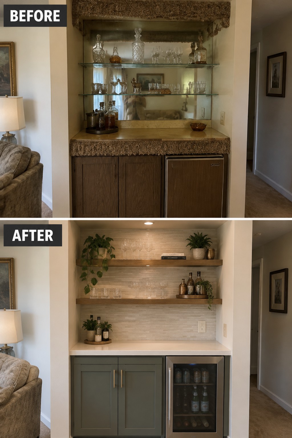 Before-and-after makeover image of a dark built-in bar with mirrored shelves and wood cabinets changed to a brighter bar with open wood shelves, a tile backsplash, green cabinets, and a glass-front beverage fridge.