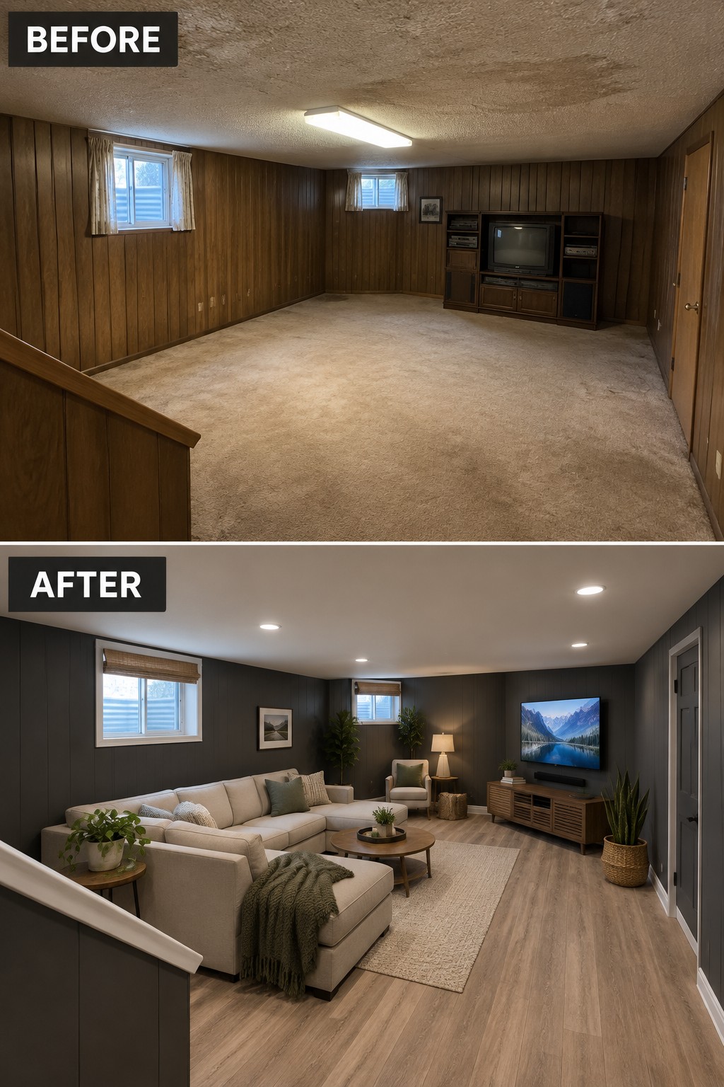 Before-and-after makeover image of a wood-paneled basement changed from an empty room into a living room with a sectional sofa, area rug, and television.