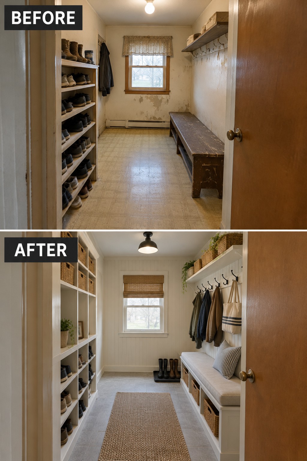 Before-and-after makeover image of a worn mudroom updated with built-in shoe storage, coat hooks, and a bench.