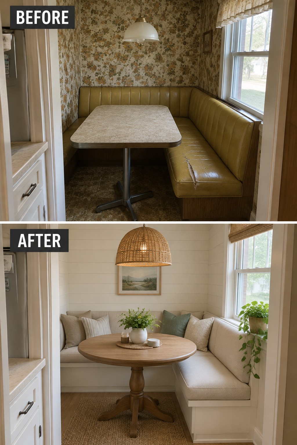 Before-and-after makeover image of a dated breakfast nook with floral wallpaper and worn booth seating changed to a light, updated nook with a built-in bench and round table.
