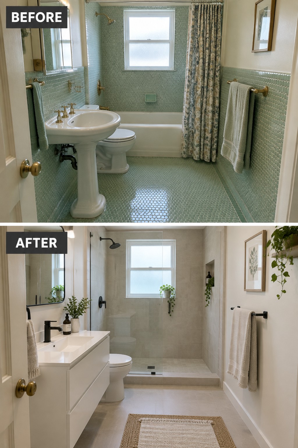 Before-and-after bathroom makeover image showing a dated tub-and-shower bathroom changed to a walk-in shower with clear glass and a modern vanity.
